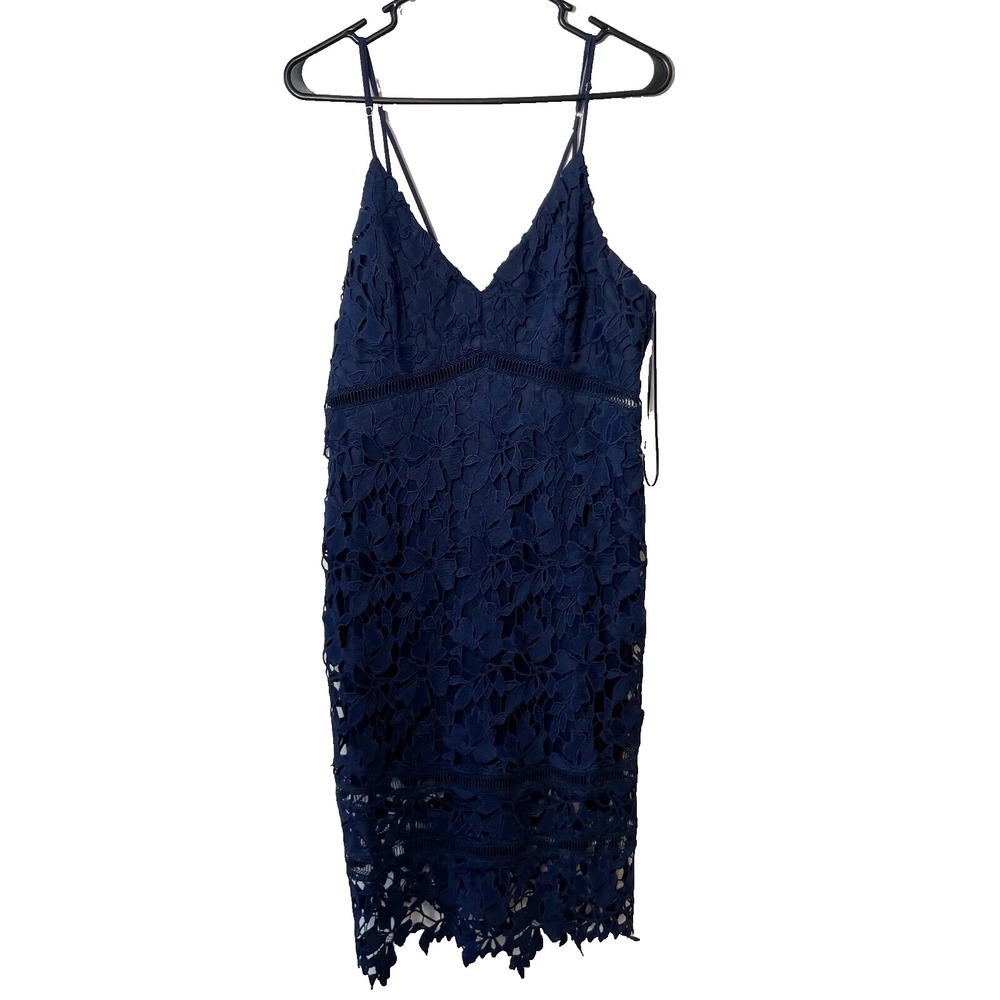 ASTR‎ The Label Sleeveless Bodycon Lace Dress Womens XL Navy Blue Floral V-neck